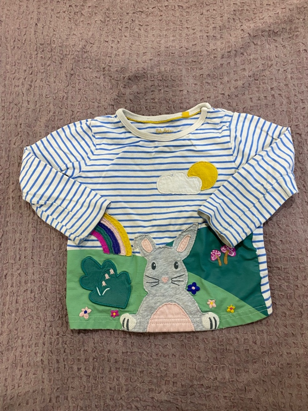 Baby Boden Blue & White Striped Bunny Appliqué Long Sleeve Top